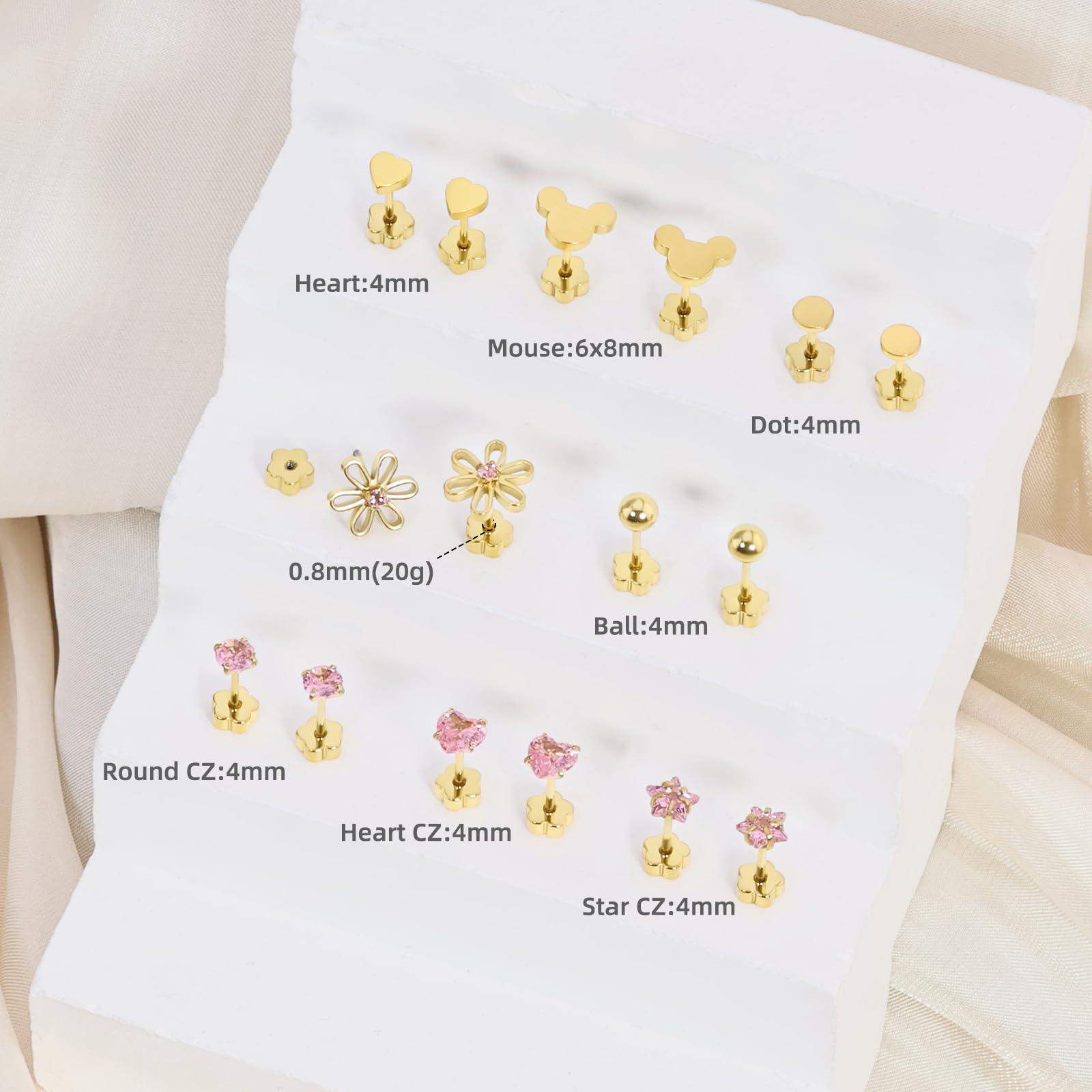 8 pares de pendientes de titanio para niños y niñas, bonitos pendientes médicos hipoalergénicos de oro y plata con cierre de rosca para bebés y mujeres