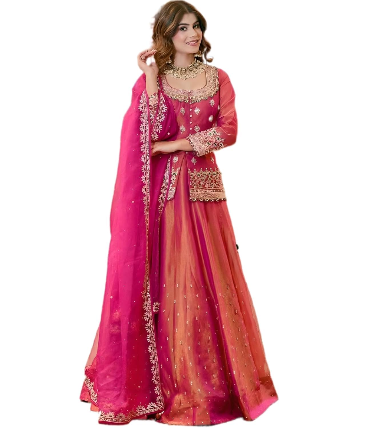 Women’s Chanderi Silk Embroidered Kurta Set with Lehenga Style Bottom & Dupatta | Bollywood Style Embroidery lehenga Choli Set For Woman