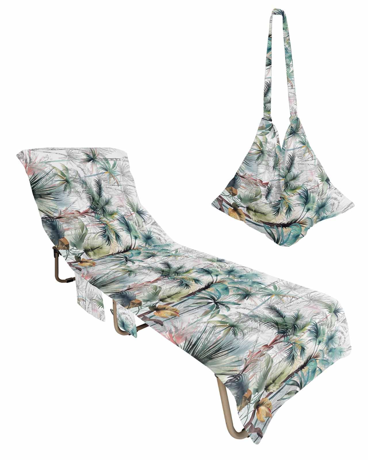 Teal Green Palm Tree Beach Chair Towel Covers for Chaise Lounge With Side Pocket, Soft Plush Pool Towels Cover for Patio Sunbathing Outdoor 29''x85'' Summer Tropical Coconut Plant Modern White