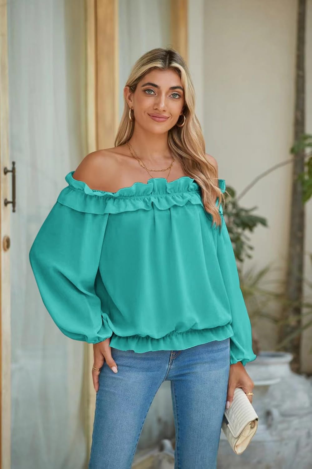 Womens Casual Off Shoulder Tops Long Sleeve Ruffle Flowy Chiffon Blouses Shirts - Image 2