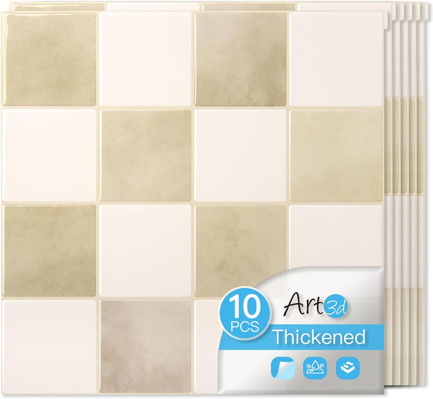 Art3d 10-Pack Heavy-Duty Peel and Stick Backsplash, 12x12 Inch Self-Adhesive Wall Tile Stick on Kitchen Countertop, Beige and White