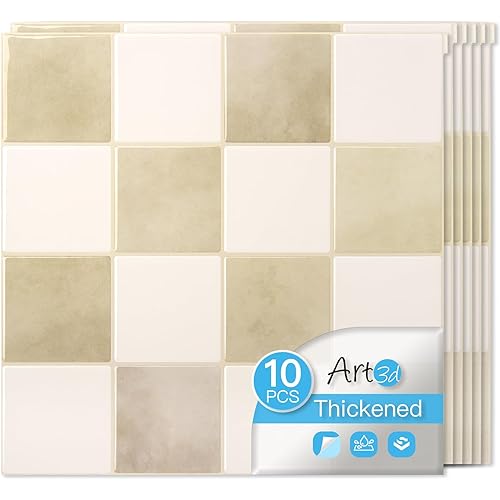 Art3d 10-Pack Heavy-Duty Peel and Stick Backsplash, 12x12 Inch Self-Adhesive Wall Tile Stick on Kitchen Countertop, Beige and White