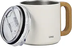 Caneca Térmica Branca LUMAI 350ml com Cabo Alça de Madeira – Aço Inox 304 de Parede Dupla, Tampa Acrílica Antivazamento, Mantém Temperatura por Horas – Ideal para Café, Chá e Bebidas Quentes e Frias