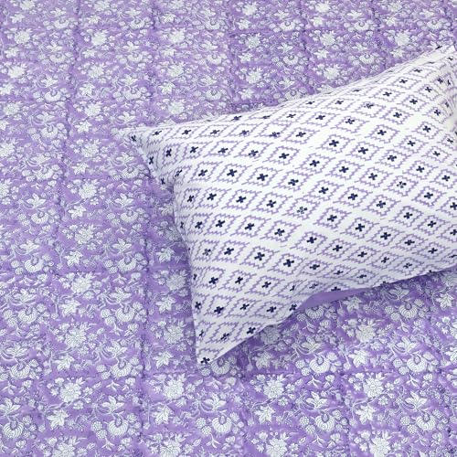 Image of TOAI Hand Block Printed Bedsheet | Bed Sheet Flatsheet | Pure Cotton | Double Bed Queen Size 90 inchx108 inch | 300 TC Bedsheets | Includes 2 Pillow Covers (Lavander Kalamkari)