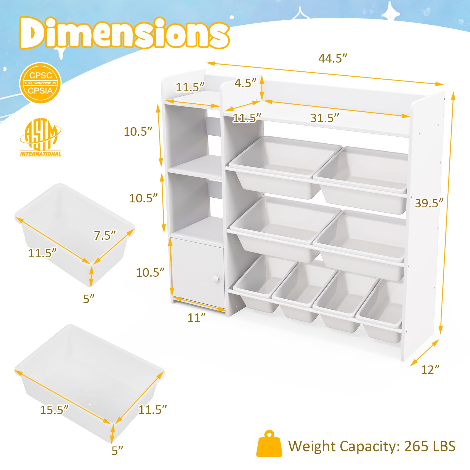 Costzon Organizer per giocattoli, libreria a 4 ripiani per bambini e giocattoli con 8 contenitori per giocattoli, grande armadio con porta, libreria multiuso per bambini per stanza dei giochi, asilo