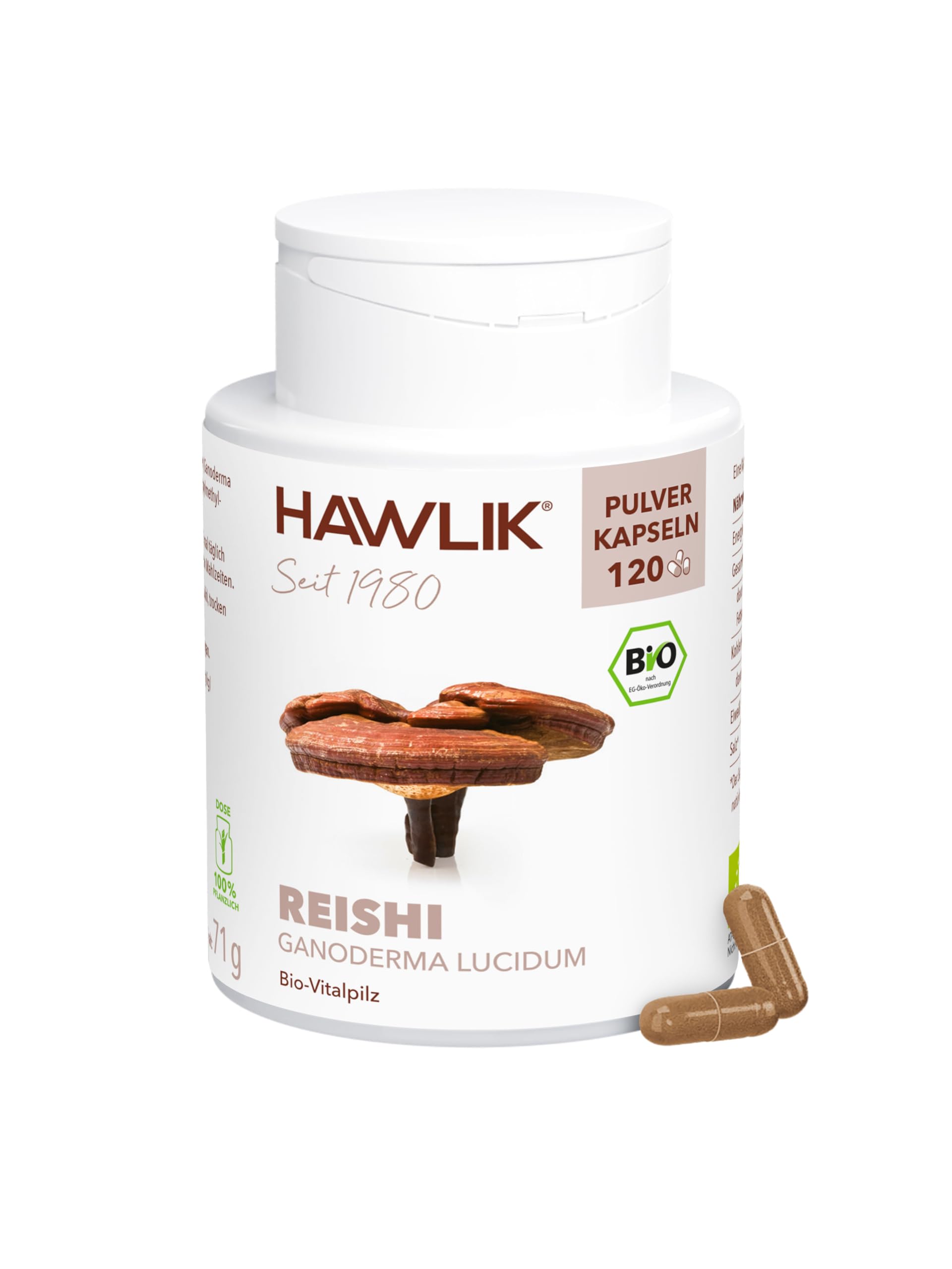 HAWLIK Vitalpilze Bio Reishi Pulver Kapseln - 120 Kapseln - Natürlicher Anbau - Schonende Trocknung - Vegan - Zuckerrohr-Dose