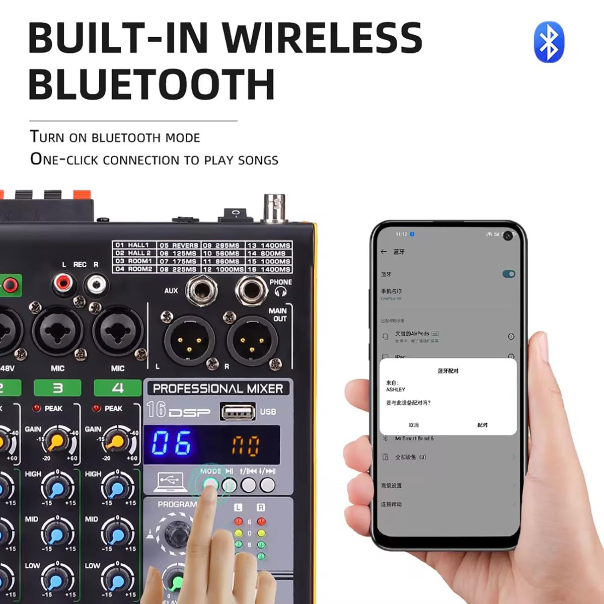 Consola de Mezcla de 4 Canales, Mezclador de Audio portátil Bluetooth, 16 Efectos DSP, Entrada USB/MP3, con 2 micrófono inalámbrico de frecuencia Ajustable para Estudio