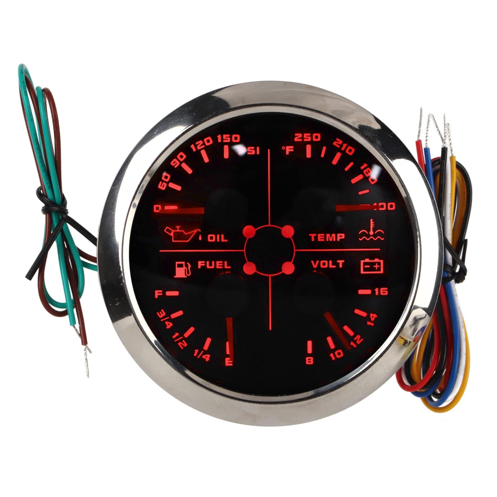 Keenso Indicatore Livello Carburante, 4in1 85mm Calibro Multifunzione Livello Carburante Pressione Olio Temperatura Acqua Voltmetro DC 9 a 32V per Auto RV Barca Moto (Nero °F/PSI)