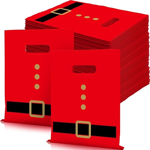 Sadnyy Paquete de 100 bolsas de plástico para regalo de Navidad, bolsas de compras de Feliz Navidad, mercancía a cuadros de 10 x 8 pulgadas de