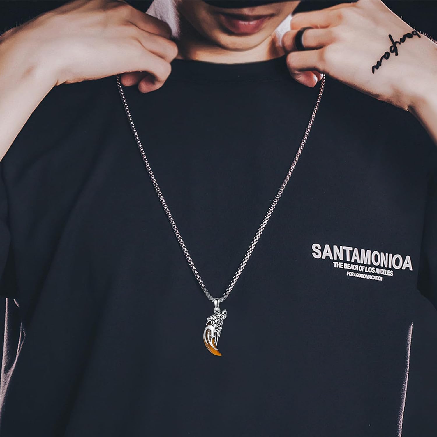 PELOVNY Wolf Necklace Sterling Silver Tiger Eye/Obsidian/Therian Wolf Teeth Pendant Jewelry for Men, Women & Gifts - Image 3