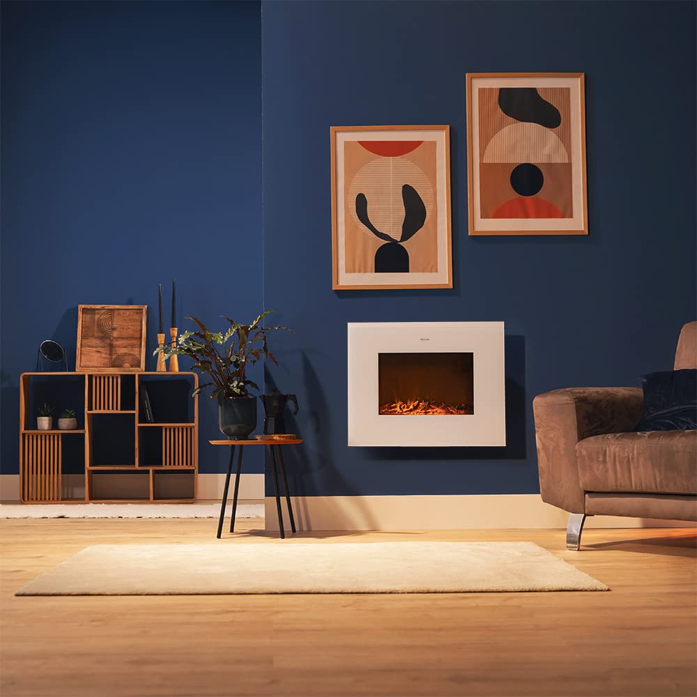 Cecotec Camino Elettrico Decorativo 26” con Telecomando ReadyWarm 2710 Design Flames White. Massima Potenza 2000W, 2 Intensità, Pannello Piatto Cristallo Temperato, Fiamma Regolabile, Timer