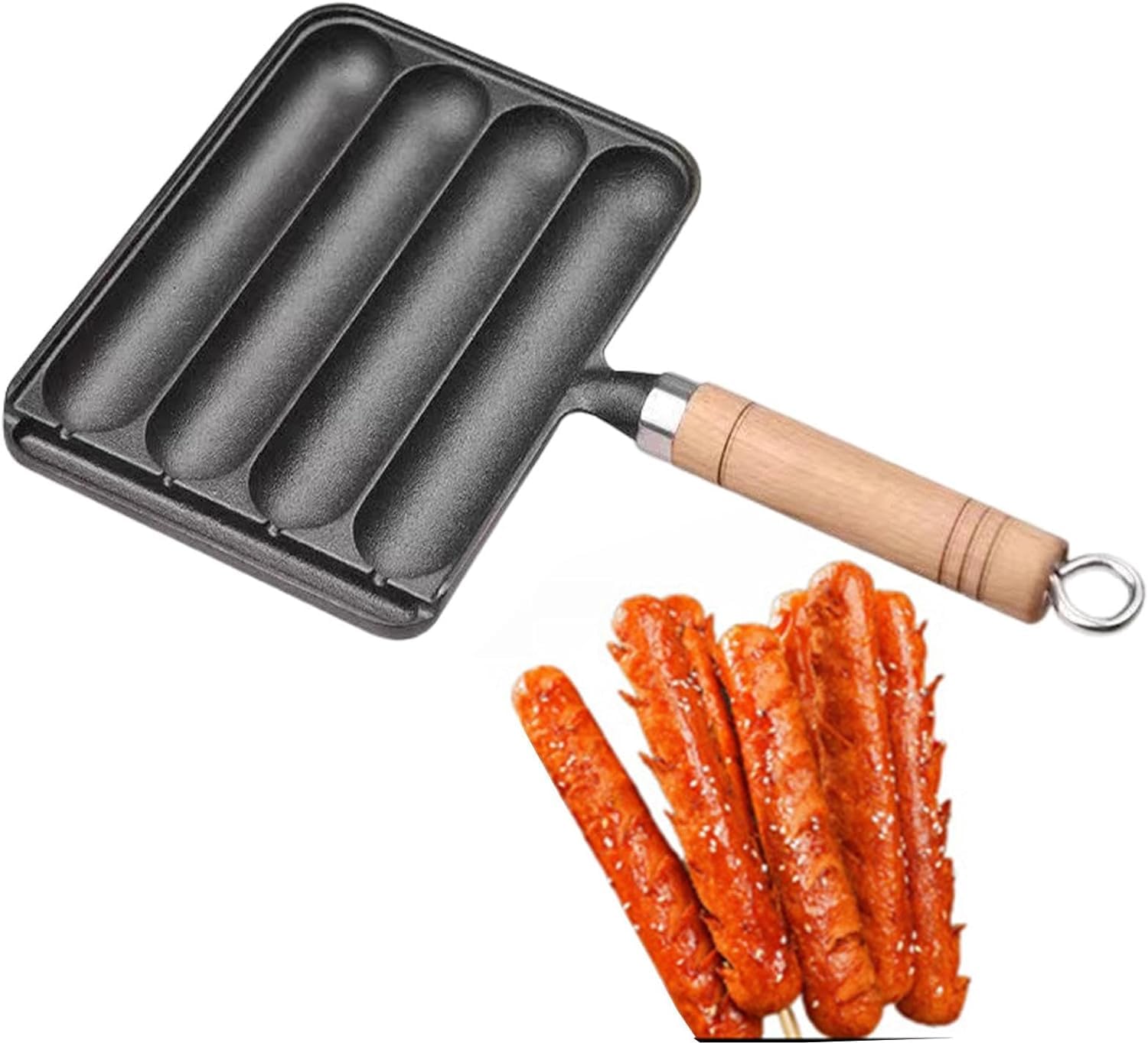 Sfocgoi Sausage Grill Pan, Cast Iron Sausage Pan, Non Stick Baking Tray With Anti Scald Wooden Handle, Sausage Pan Hot Dog Grill Pan, Dishwasher Safe Cooktop Rack For Induction Cooker Electric Stove