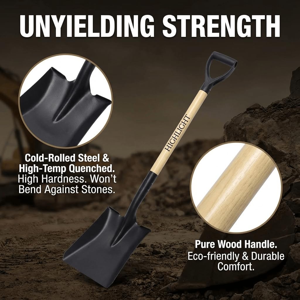 HIGHLIGHT 41 Inch Heavy Duty Square Shovel with D-Handle & Cold Rolled Steel Blade - Digging, Transfer, Snow Shovel for Car, Garden & Yard Tools