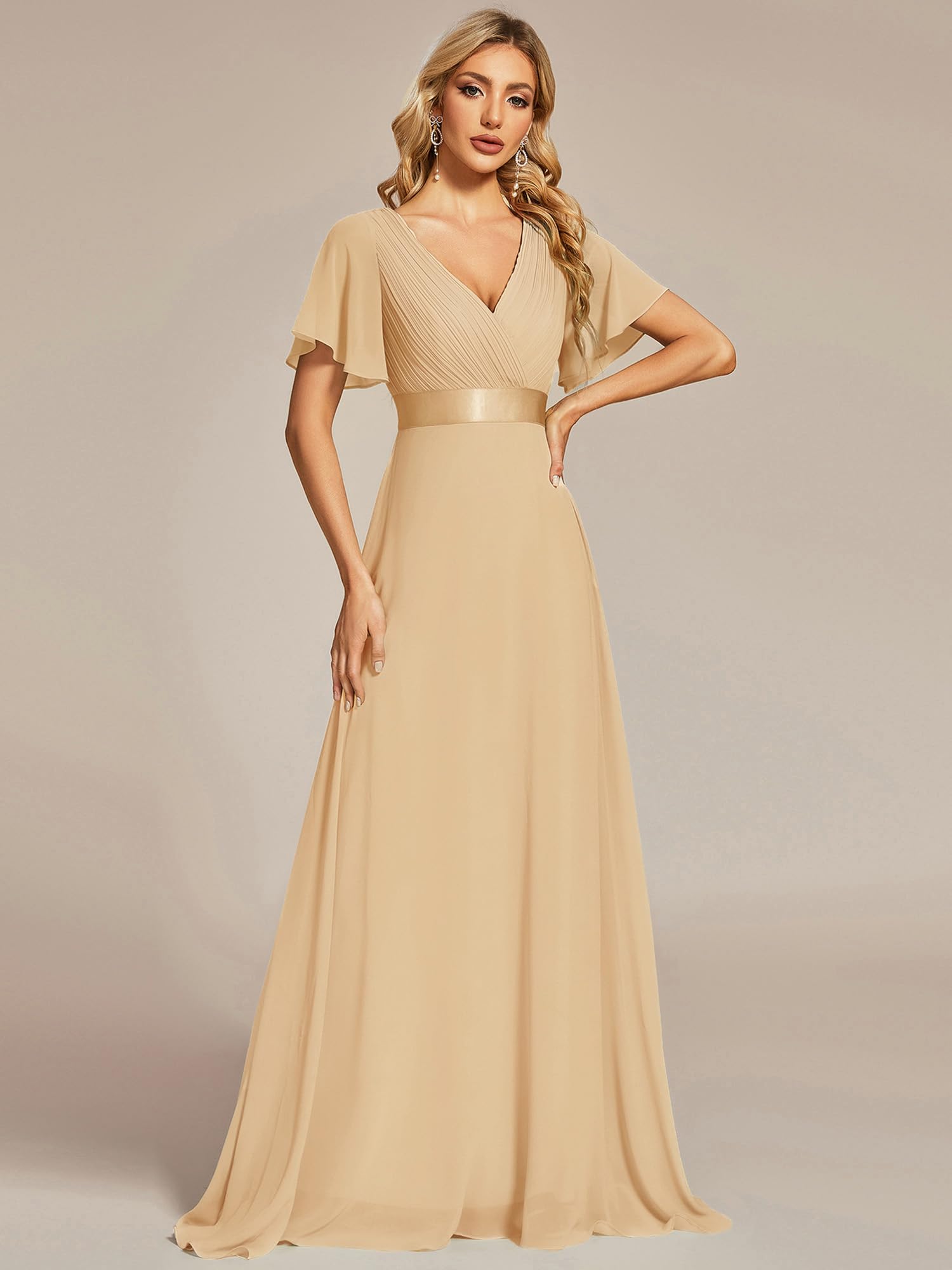Ever-Pretty Robe de Soir e en Double V-col et Manches Courtes Champagne 34