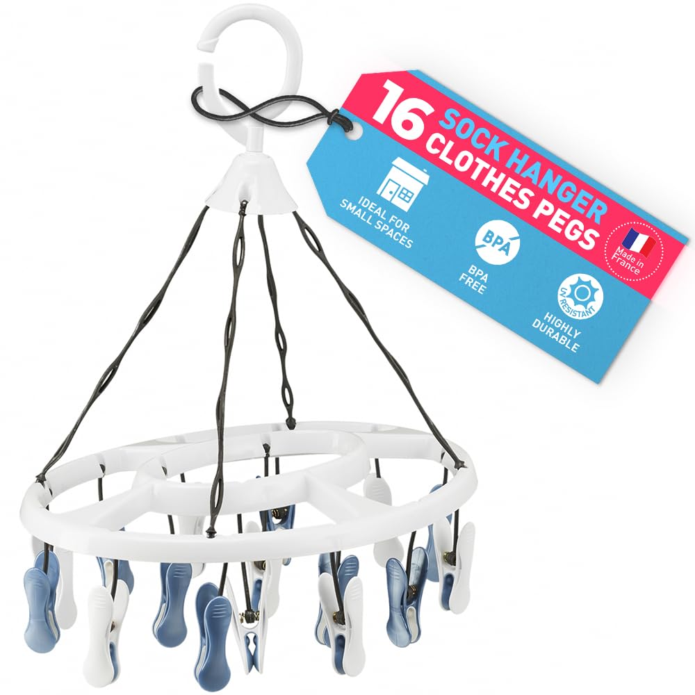 Culiclean White-Blue-White-White-Blue Sock Hangers For Drying – Washing Line Sock Hanger With 16 Pegs – Sock Dryer With Pegs For Laundry And Underwear – 1 Hanger –