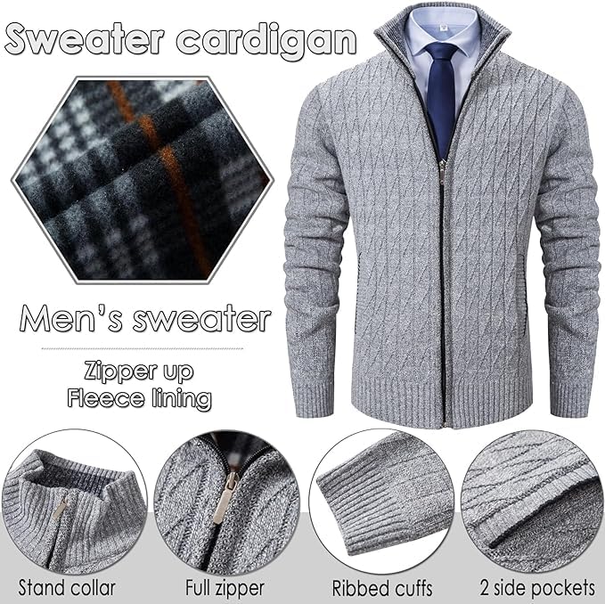 XinYangNi Men's Cardigan Sweaters Knit Zipper Casual Slim Fit Stand Collar with Full Zip and Pockets2