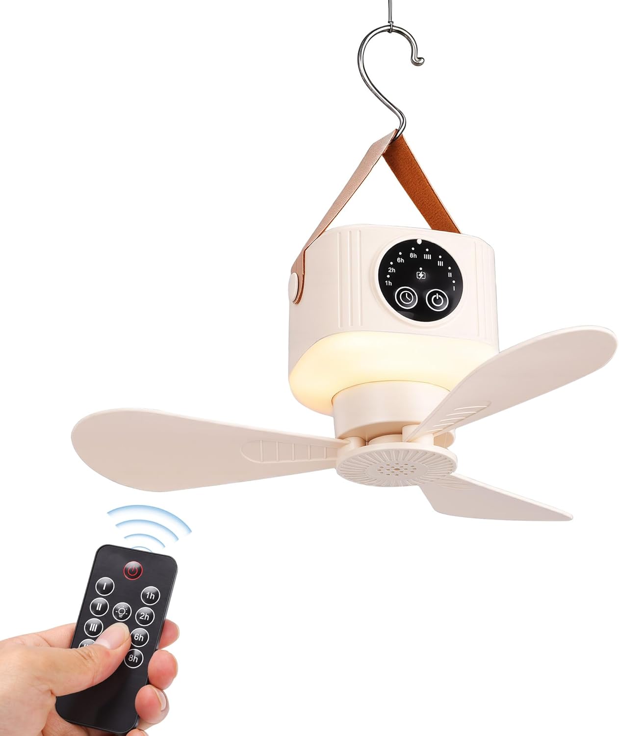 Portable Ceiling Fan, 11.02 Inch USB Camping Fan with LED Light & Remote Control, 3 Detachable Blades, 4 Speed Settings & Timer, for Tents, Canopy, Beach, RV, Car and Outdoor Use