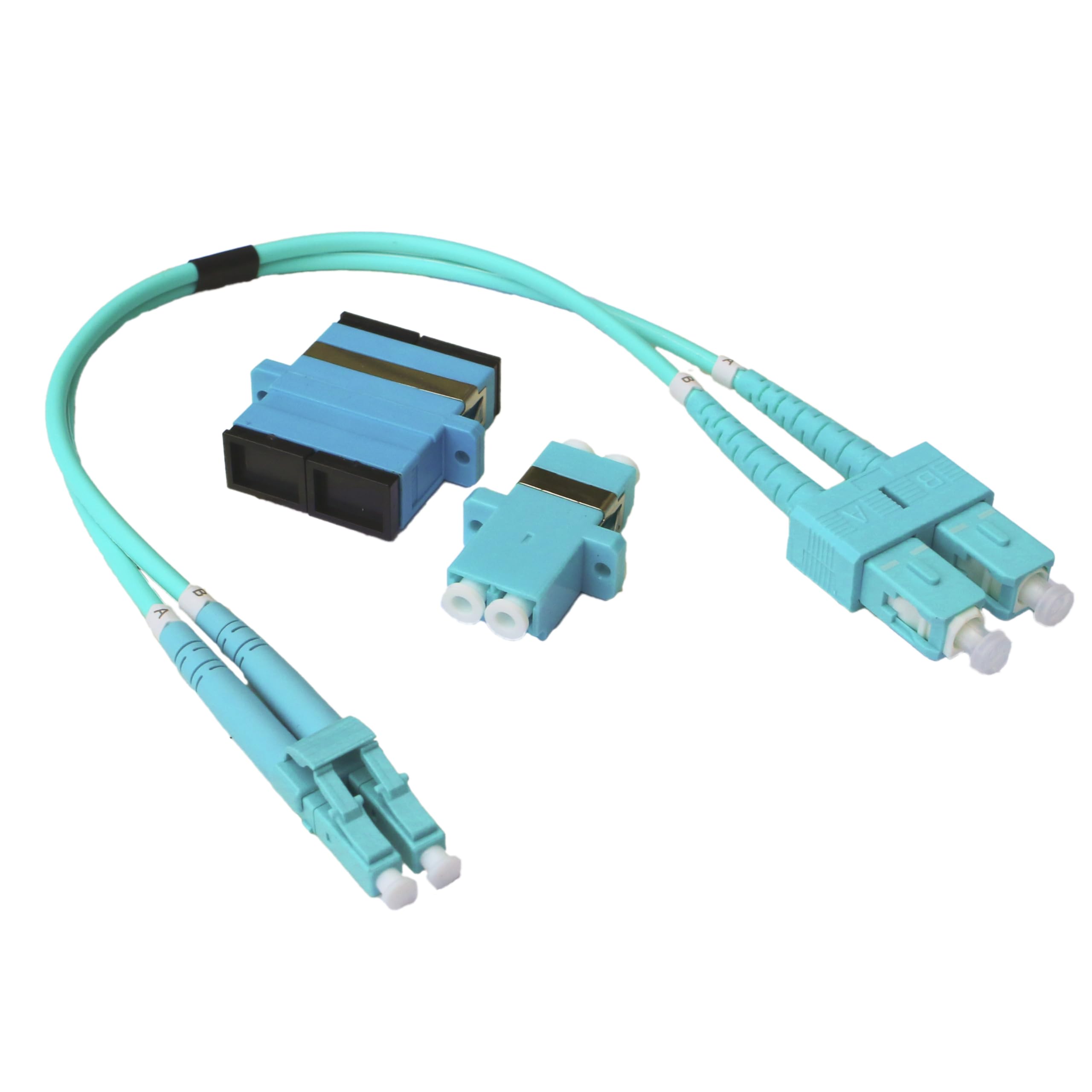 Conectra® - Glasfaserkabel Set mit passenden Adaptern | OM3 | LC/UPC auf SC/UPC | Farbe Aqua | Multimode | Duplex | ideal für professionelle Netzwerke (Länge 25 cm)