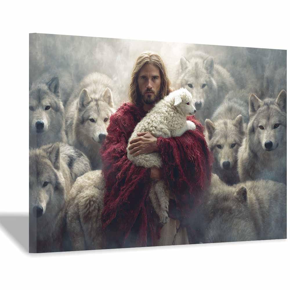 ZAMAEIU Christ Religions Canvas Wall Decor Protecting thes lambs Modern Abstract Religious Posters Prints for Living Room Bedroom Church Home Decoration(white)-30x50cm Framed