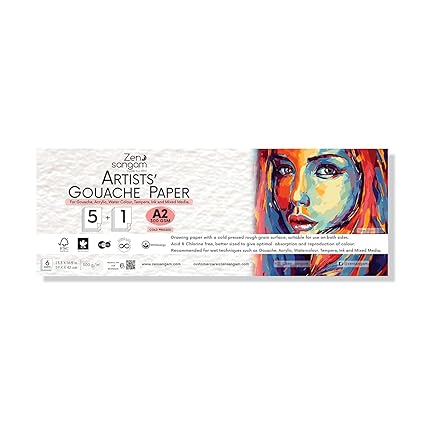 Zen Sangam Artists' Gouache Papers Sheets, 300 GSM Cold Pressed Rough Grain Surface, Acid Free, A2 Size - 59.4x42cm - 6 Sheets (Paper Roll) for Gouache, Watercolor, Acrylic, Ink and Mixed Media