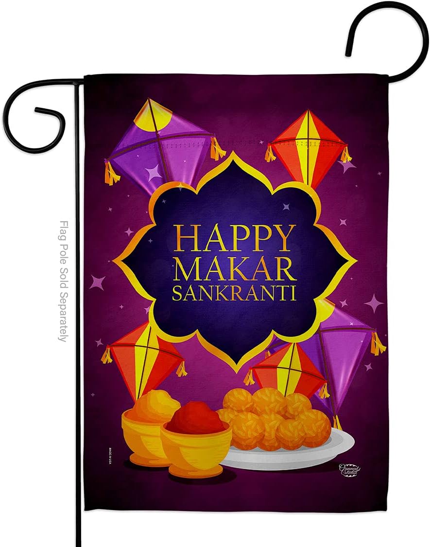 Happy Makar Sankranti Burlap Burlap Garden Flag Set Wall Holder Celebration Uttarayan Maghi Festival Day Kite Flying Bonfires Small Decorative Gift Yard House Banner Double-Sided Made In USA 13 X 18.5