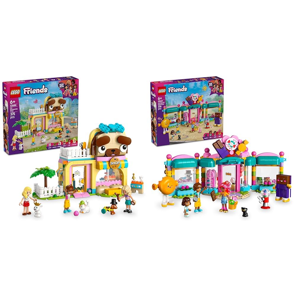 LEGO Friends Boutique d'Accessoires pour Animaux de Compagnie + Sets de Magasin de Bonbons de Heartlake City Jouet d'apprentissage Créatif pour Enfants 42650 + 42649