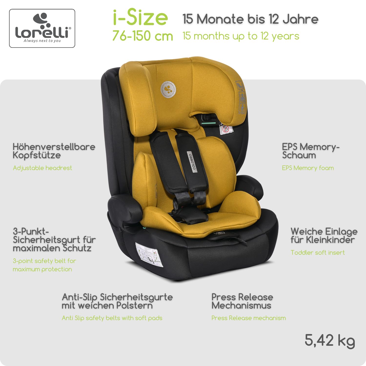 Lorelli Auto Kindersitz Colombo i-Size, mitwachsender Autositz für Kinder von 76-150 cm, Babysitz, Autokindersitz, Einstellbare Kopfstütze, 5-Punkt-Sicherheitsgurt, gelb