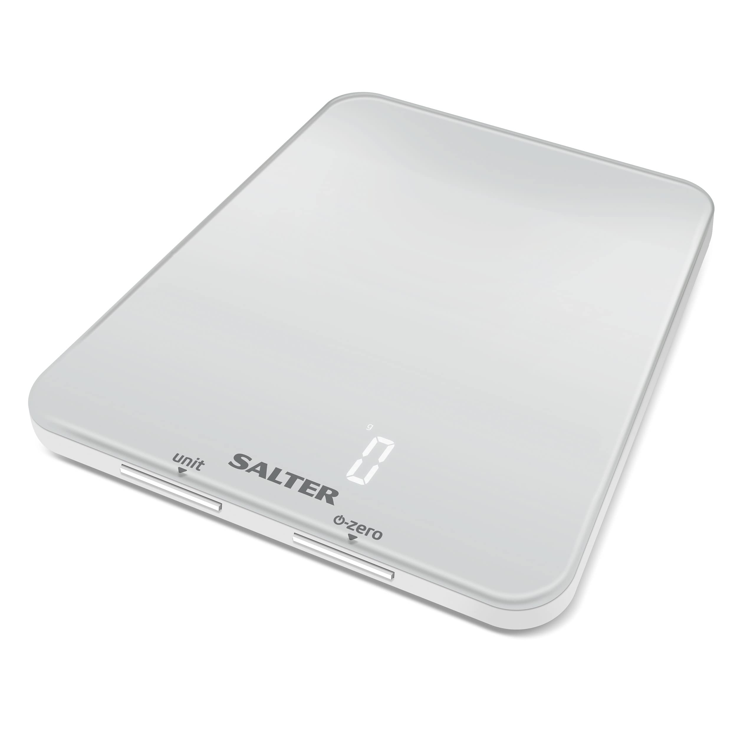 Salter 1180 WHDR Phantom Elektroniczna waga kuchenna, zakres do 5 kg, czytelny wyswietlacz ukryty do czasu podswietlania, duza, cienka platforma szklana, tarowanie, pomiar ilosci plynów, szaro-biala