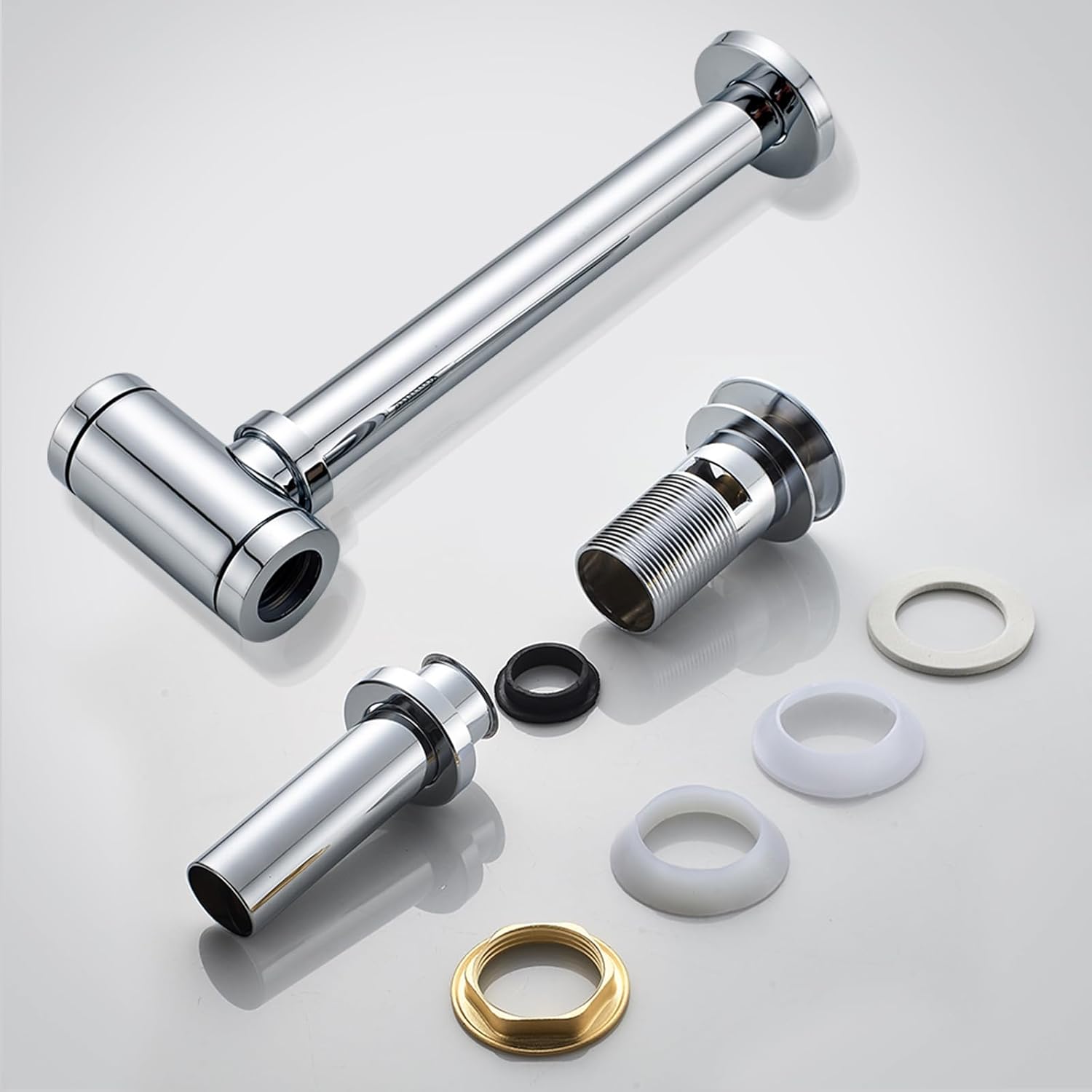 Bathroom Sink P-Trap Complete Set, Height Adjustable Bottle Trap with Pop Up Drain Stopper with Overflow, Chrome