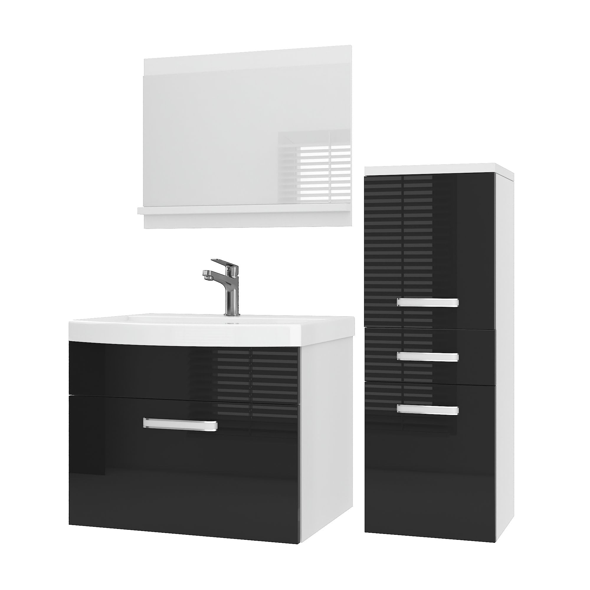 Belini PRIP2 szafka pod umywalkę, 90 cm, czarna, wysoki połysk | Czarne błyszczące meble łazienkowe, montaż ścienny, mechanizm soft-close, panel drewniany FSC, umywalka i lustro w zestawie