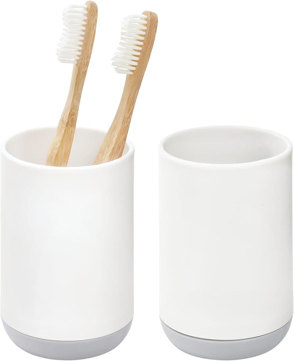 iDesign Toothbrush Holder with 3 Divided Sections for Bathroom or Vanity - Set of 2 - White/Gray