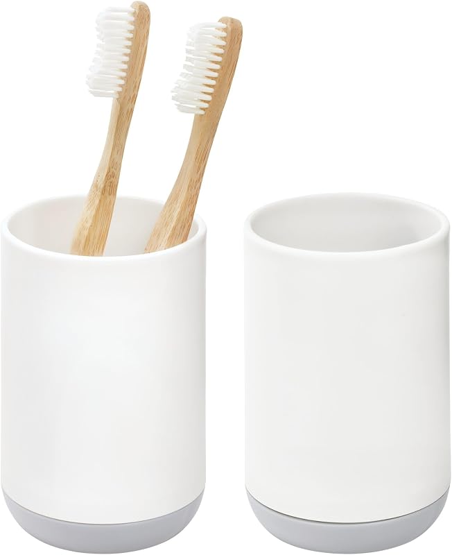 iDesign Toothbrush Holder with 3 Divided Sections for Bathroom or Vanity - Set of 2 - White/Gray