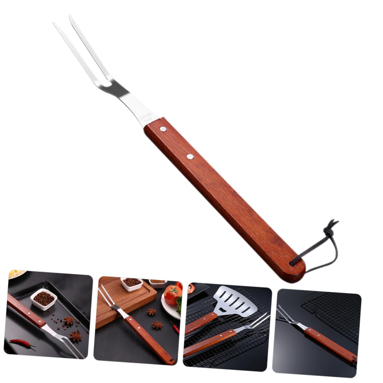 OUNONA Stainless Steel Bbq Roasting Fork with Wooden Handle for Grilling Meat Skewers for Chicken Wings Beef and Lamb Chops Roasting