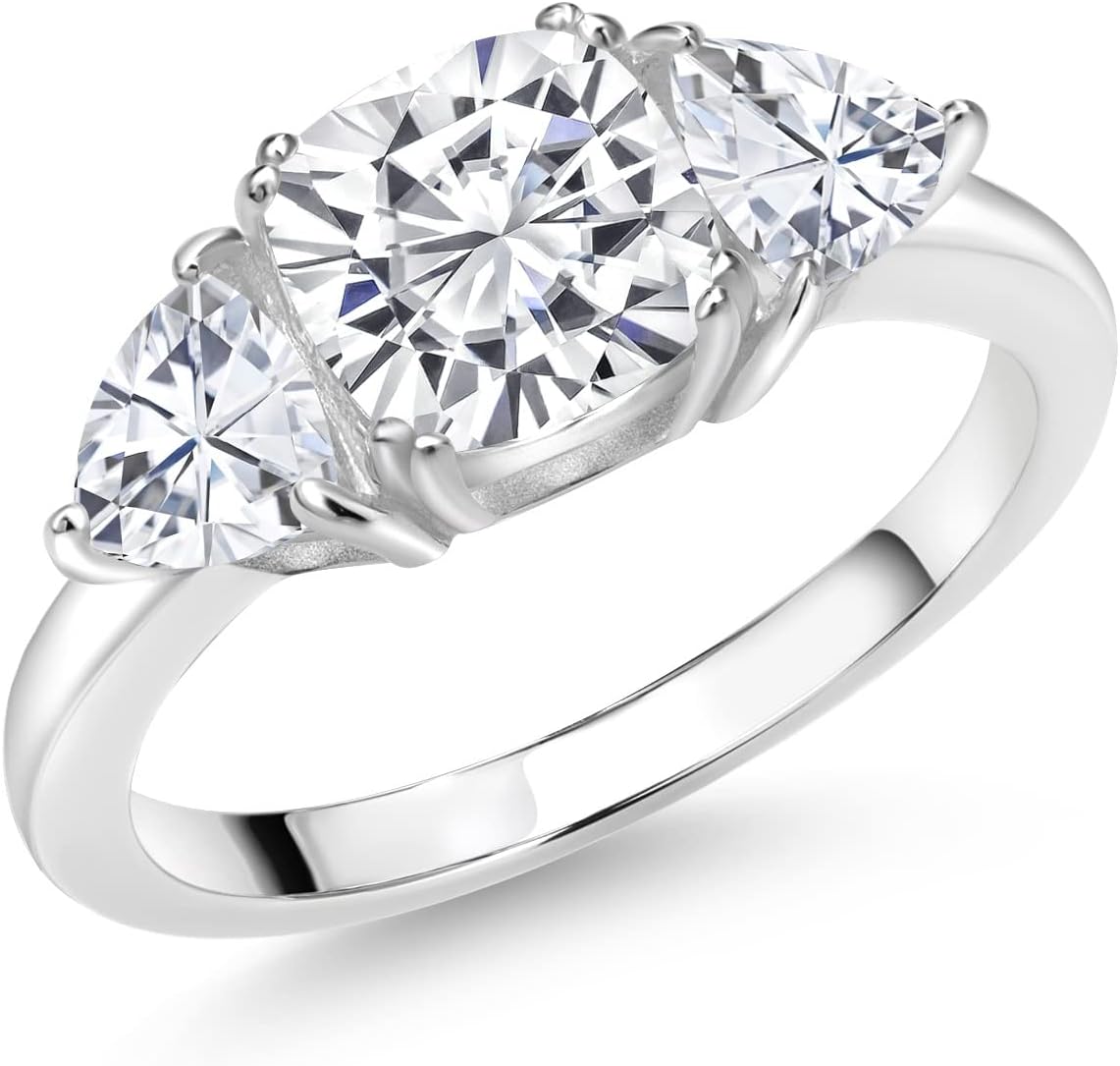 Gem Stone King 925 Sterling Silver Gemstone Birthstone 3-Stone Engagement Ring for Women | 7MM Cushion and 5MM Trillion | Three Stone Promise Anniversary Wedding Ring | Sizes 5-9