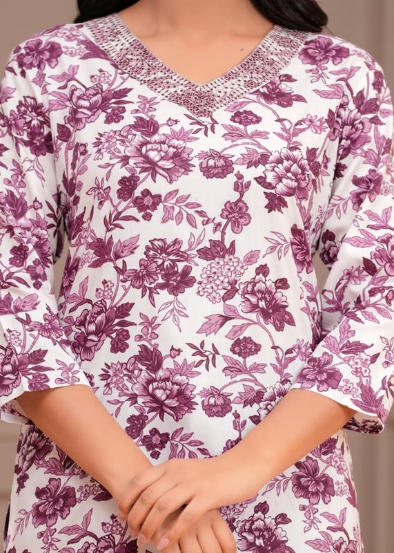 Image of Women's Ethnic Printed Rayon Short Kurta | Stylish Round Neck V-Slit Straight Kurti | Comfortable, Office & Casual Kurta for Jeans, Leggings & Trousers