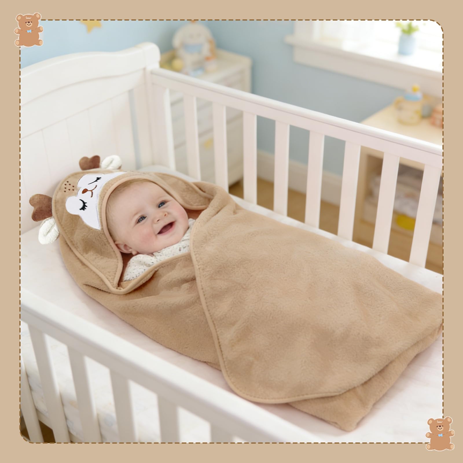 Lot de Serviettes de Bain à Capuche pour bébé - en Polaire Corail Moelleuse - Douce et Super absorbante - 80 x 80 cm - Serviette de Bain absorbante (3, Éléphant Gris avec cerf caféiné)