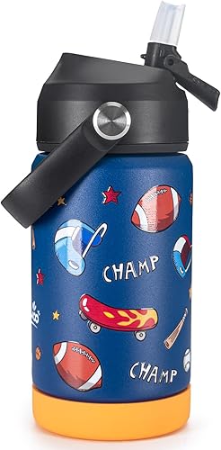 Botella de agua aislada de 12 onzas con pajilla, botella de agua deportiva con boca ancha, termo de viaje a prueba de fugas, color azul patinaje y