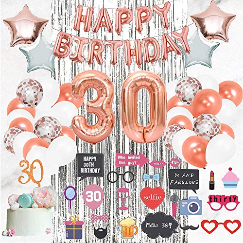 30th Birthday Decorations Supplies by Serene Selection, Happy Birthday Banner for her, Big 30 Foil Balloons, Rose Gold Balloons, Photo Props Cake Topper, Party Decoration for Women, Thirty Bday Decor