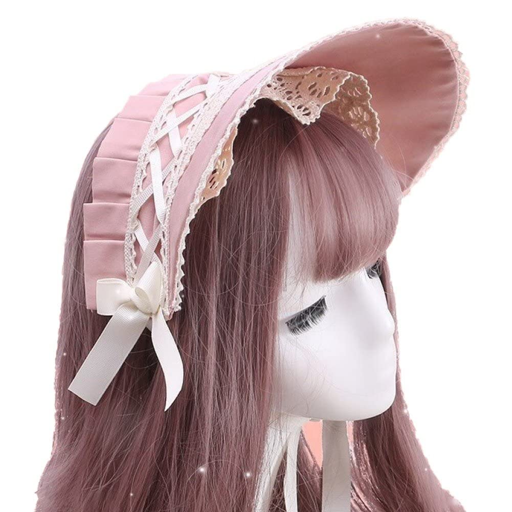 Haowul Girls Pink Tea Party Sun Hat Victorian Lace Bows Bonnet Hat Colonial Headwear Tea Party Costume Sweet Lolita Sun Cap For Women