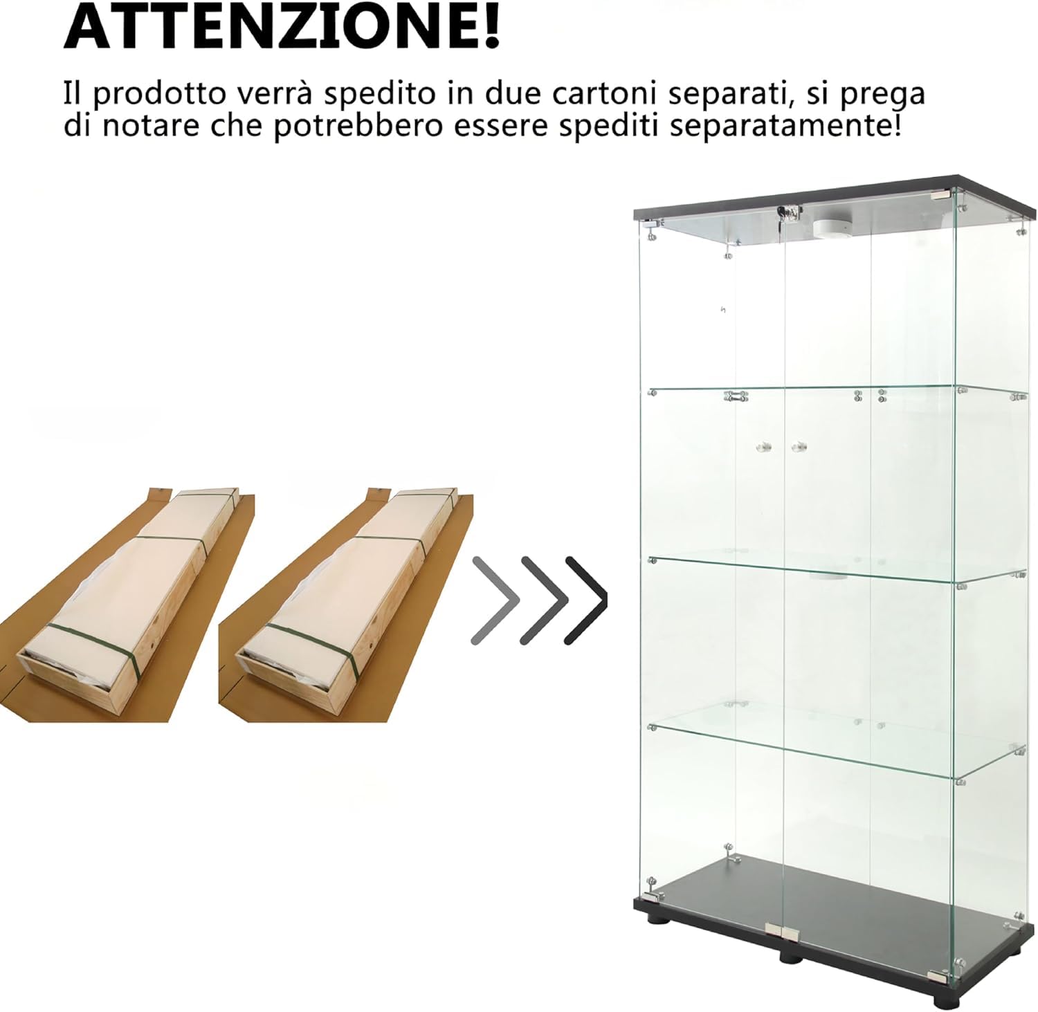 Vitrina de cristal con LED, Vitrina de cristal templado, 4 estantes de cristal, con 2 puertas y candado, vitrinas para figuras de armario, para salón, oficina, objetos de colección (Negro +