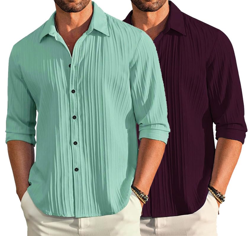 Image of DEELMO Combo of Men's Casual Button Down Shirts Long Sleeve Linen Shirt Fashion Textured Summer Shirts Pack of 2