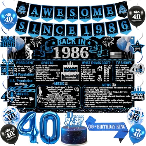 Trgowaul 40th Birthday Decorations for Men 20PCS Black Blue Back in 1986 Birthday Party Supplies Blue Vintage Banner Sash 40th Cake Topper Latex Balloon 40 Year Old Set