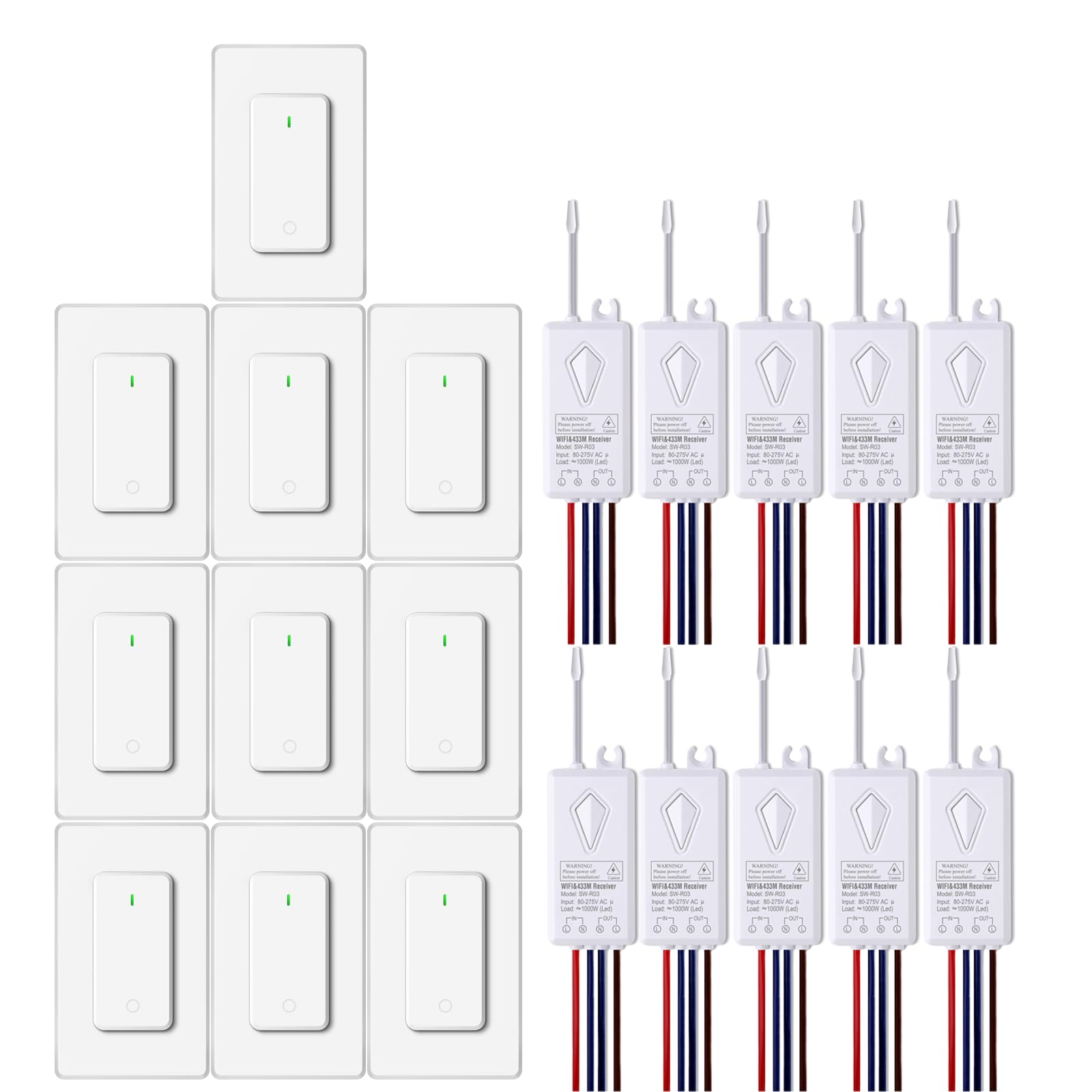 Smart Lichtschalter,NineLeaf 10PK Smart Funk Schalter und Empfänger,Fernbedienung für Lichtschalter,funktioniert mit Alexa und Google Assistant,IP66 wasserdicht, Sprachsteuerung