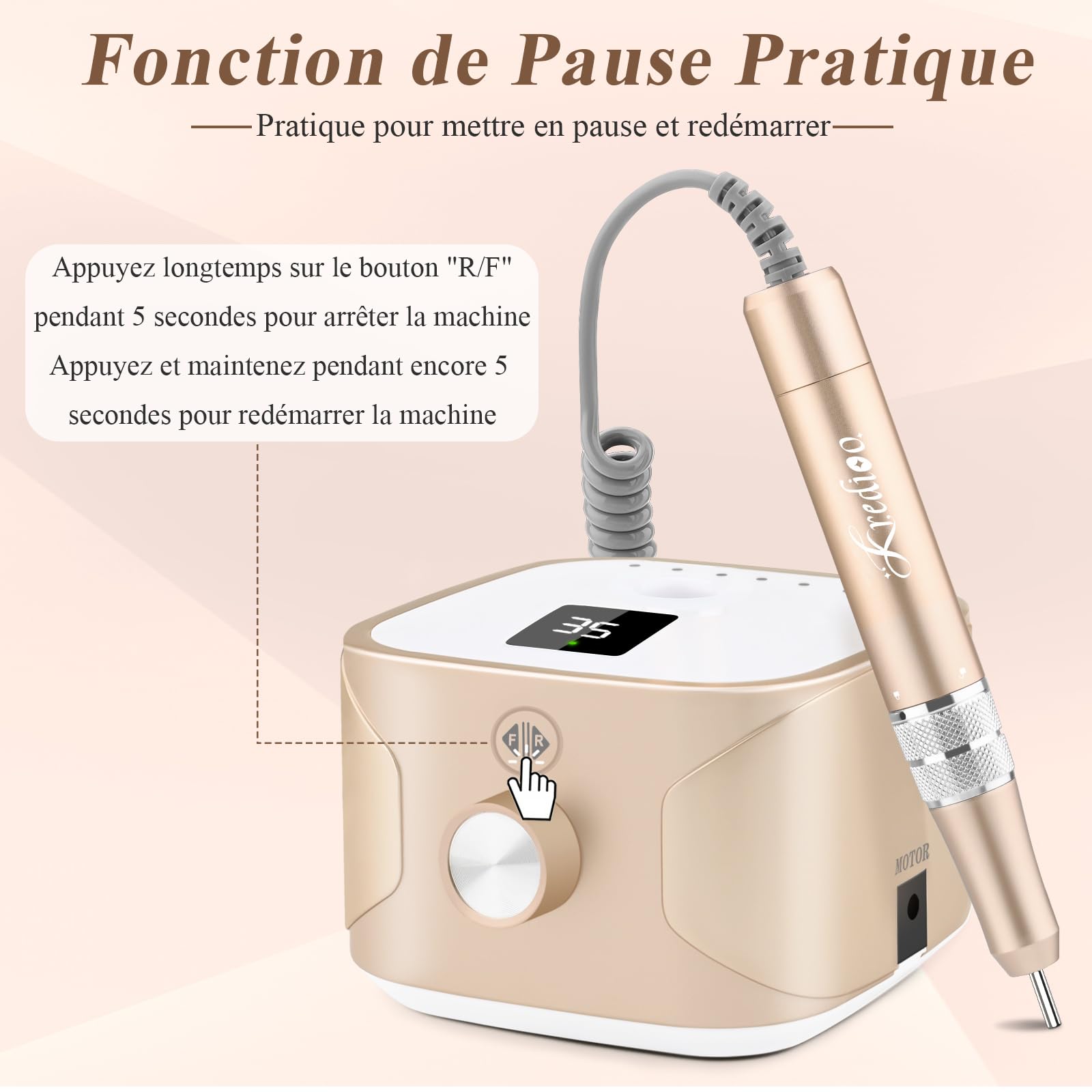 Kredioo Ponceuse pour Ongles Electrique 35000 Tours avec Affichage LED et 11 Embouts Céramique pour Manucure Pédicure Retirer Vernis Gel