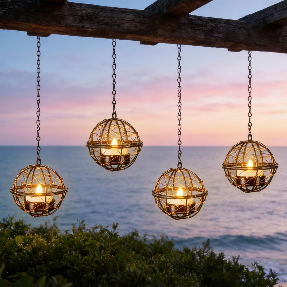 WRQIOO 4 PCS Solar Lights Outdoor Garden Hanging, Waterproof Solar Moroccan Lights, LED Hanging Solar Lanterns Outdoor Garden with So-lar Tea Lights with Flickering for Home,Gar-den,Backyard,Pergol