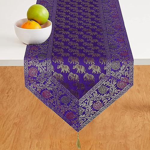 Image of Traditional Brocade Silk Table Runner for Living Room 4 to 6 Seater Dining Table Runner Elephant End Tassels 14x80 Inches (Purple)