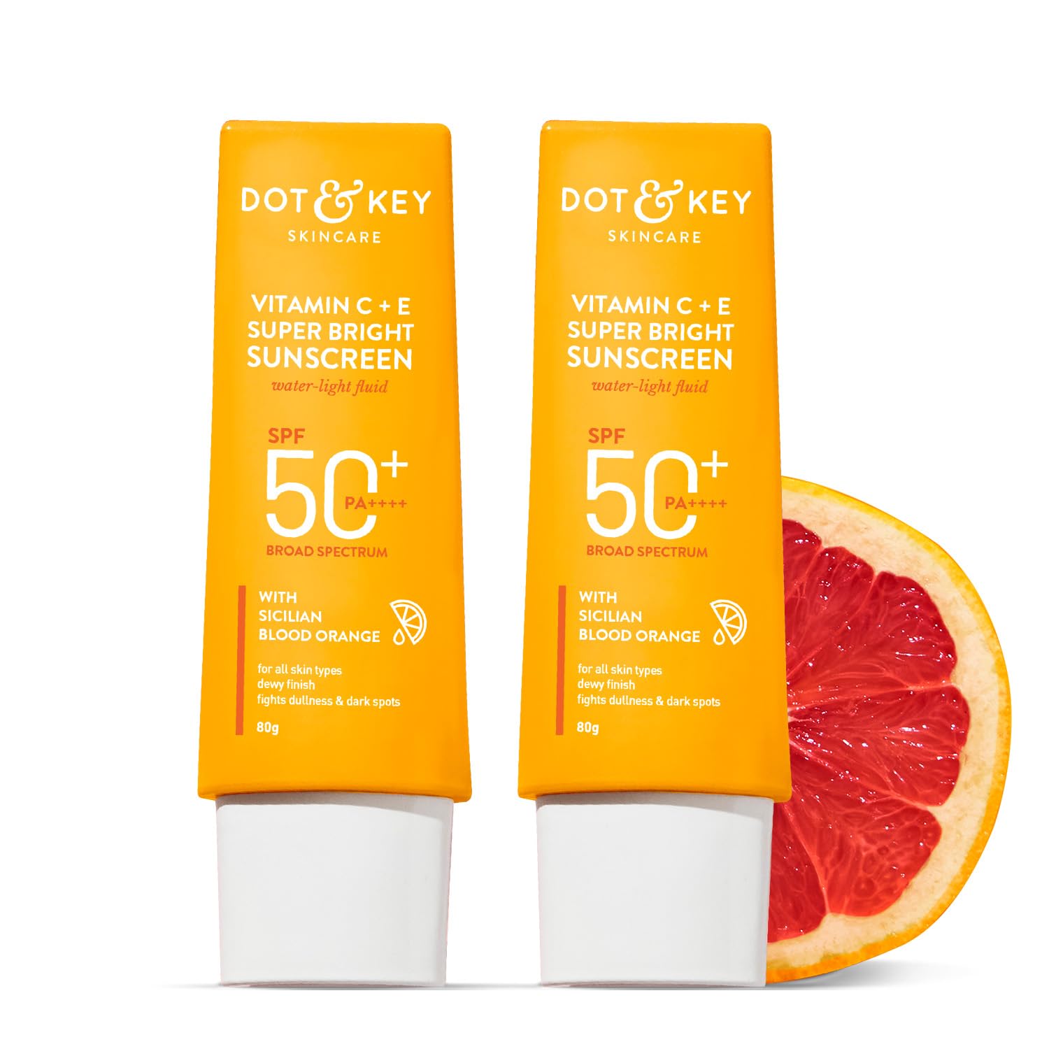 Dot & Key Vitamin C + E Super Bright Sunscreen SPF 50 Combo (Pack of 2, 80gm each) | Water-Light, UVA/UVB & Blue Light Protection | For Even Toned & Glowing Skin | No White Cast, All Skin Types | 160g