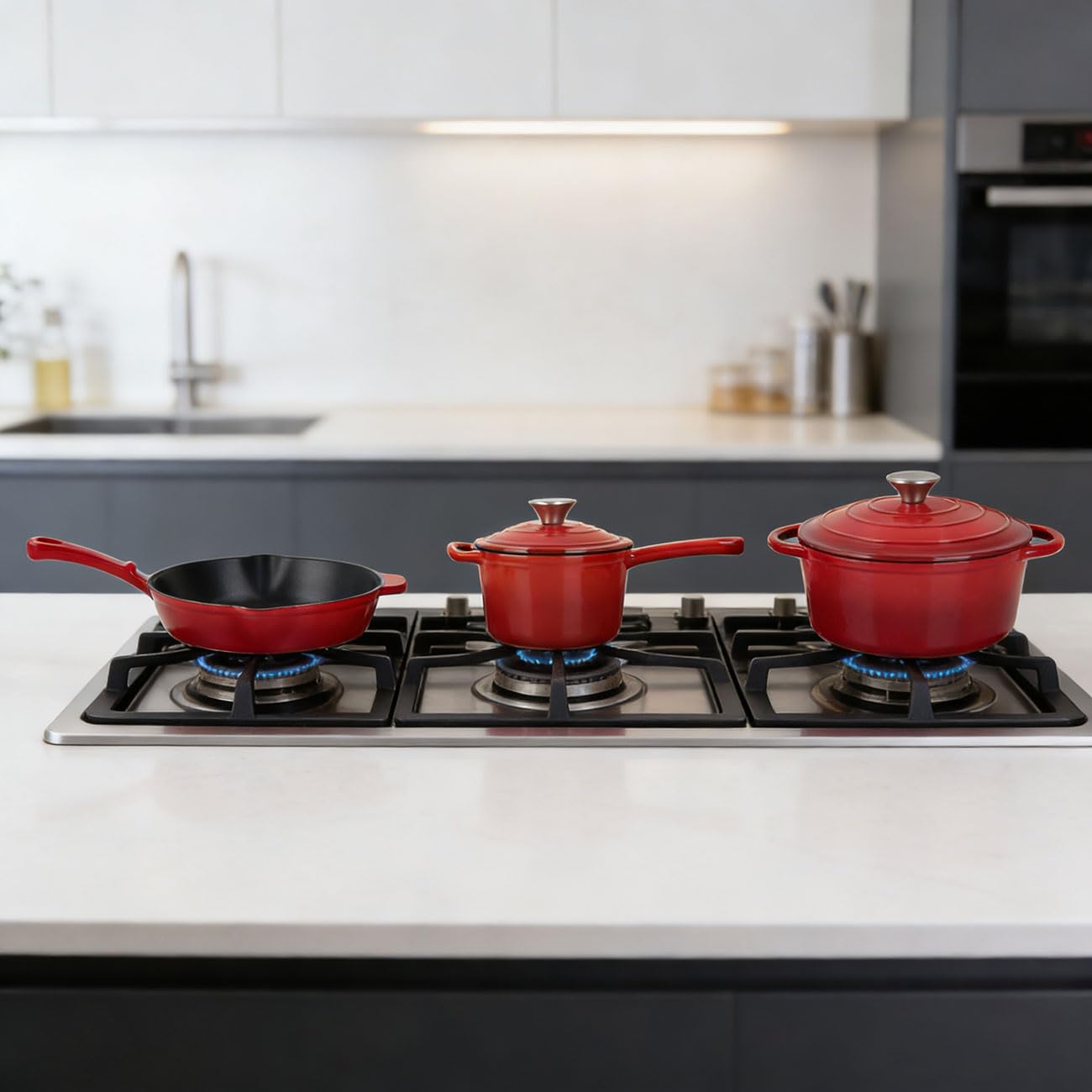 Gusseisen Topfset 3-teilig emailliert - Set aus Pfanne Kochtopf & Stielkasserolle - Für Induktion & Backofen - Profi Kochgeschirr Set - Langlebig & Robust - Alle Herdarten
