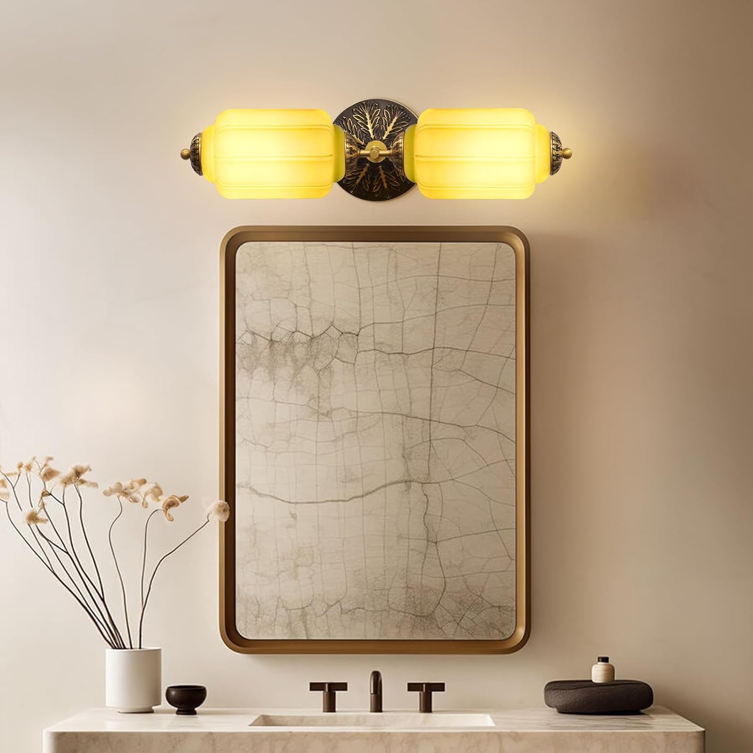 2-Lights Milk Glass Sconce, Bathroom Lighting Fixtures Over Mirror & Mid Century Modern Lamp for Bedroom, Dining Room, Entryway and Living Room(‎7.5" H X 23" D)