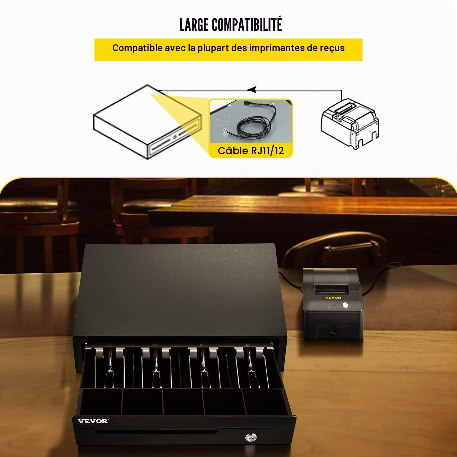 VEVOR Tiroir-Caisse Enregistreuse 33,6 cm Manuel Automatique 4 Billets 5 Pièces RJ11 RJ12 POS
